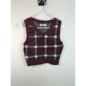 HOLLISTER Womens S Burgundy Plaid Cropped V Neck Sweater Vest Preppy Academia